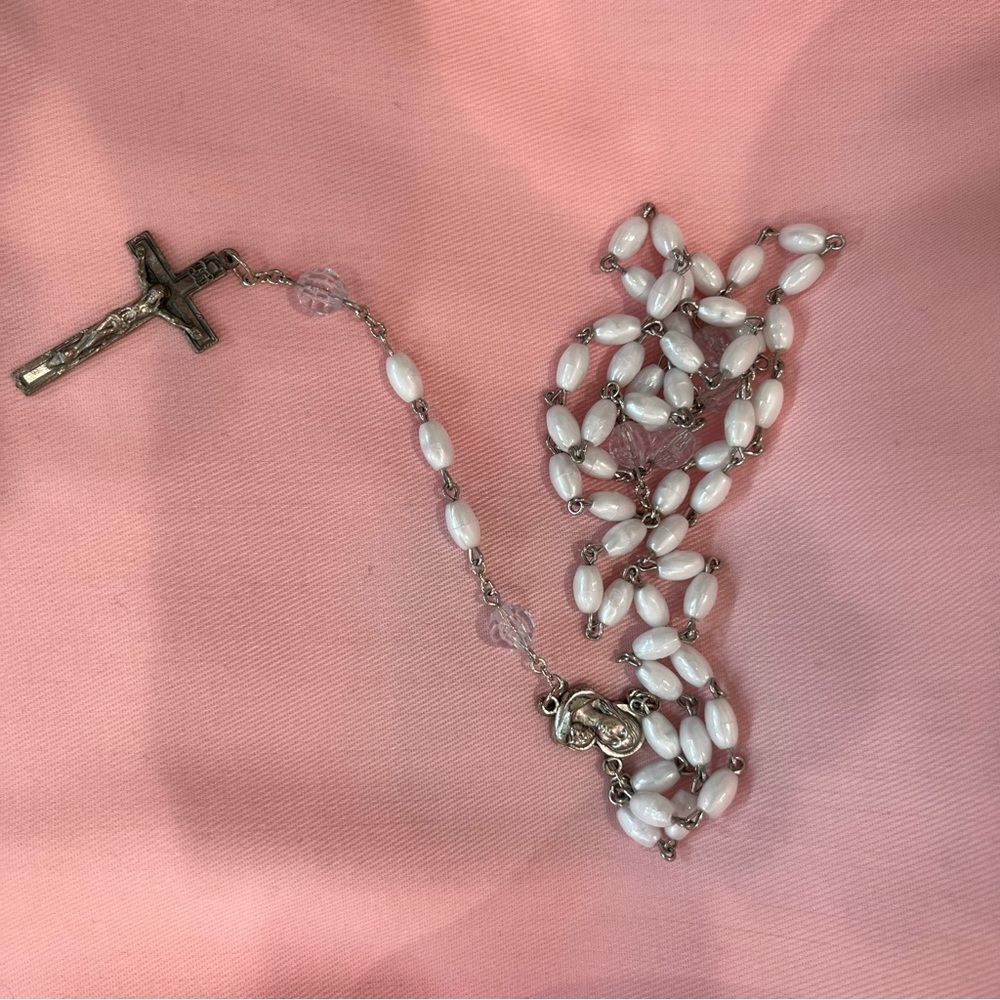 Elegant Silver Cross Rosary with White and Clear Beads. Made in Italy. (1–109)
